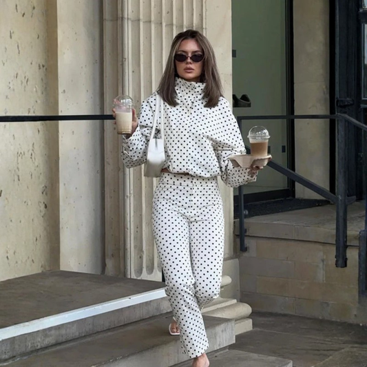 Women Polka Dot Turtleneck Jacket Long Sleeve Casual Coat