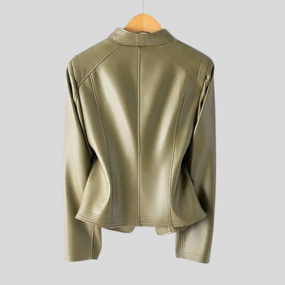 Damen Lederjacke mit asymmetrischem Reißverschluss und V-Ausschnitt, lässige Oberbekleidung