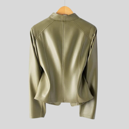 Damen Lederjacke mit asymmetrischem Reißverschluss und V-Ausschnitt, lässige Oberbekleidung