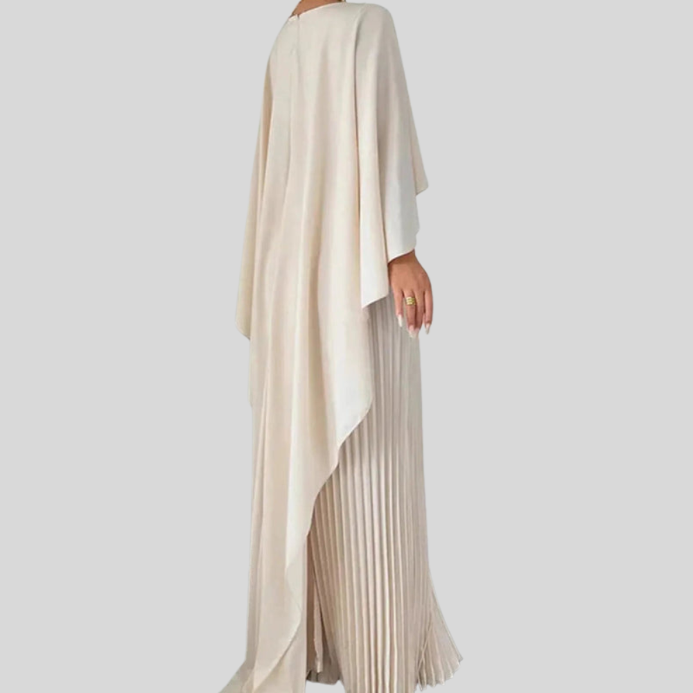 Women Pleated Cape Maxi Dress Elegant Formal Evening Gown