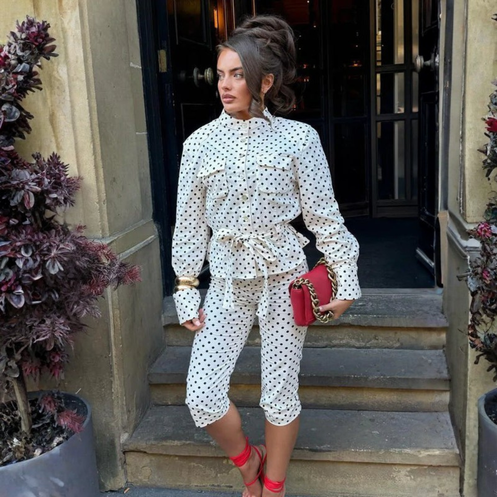Women Polka Dot Two Piece Set Crop Top Pants Casual Outfit