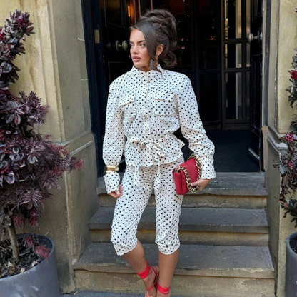 Damen Zweiteiler mit Polka Dots Crop-Top und Hose Freizeitoutfit