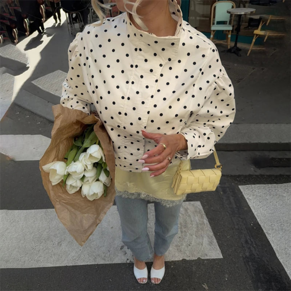 Women Polka Dot Jacket Stand Collar Casual Coat