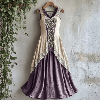 Abito lungo senza maniche in stile medievale vintage con dettagli in pizzo
