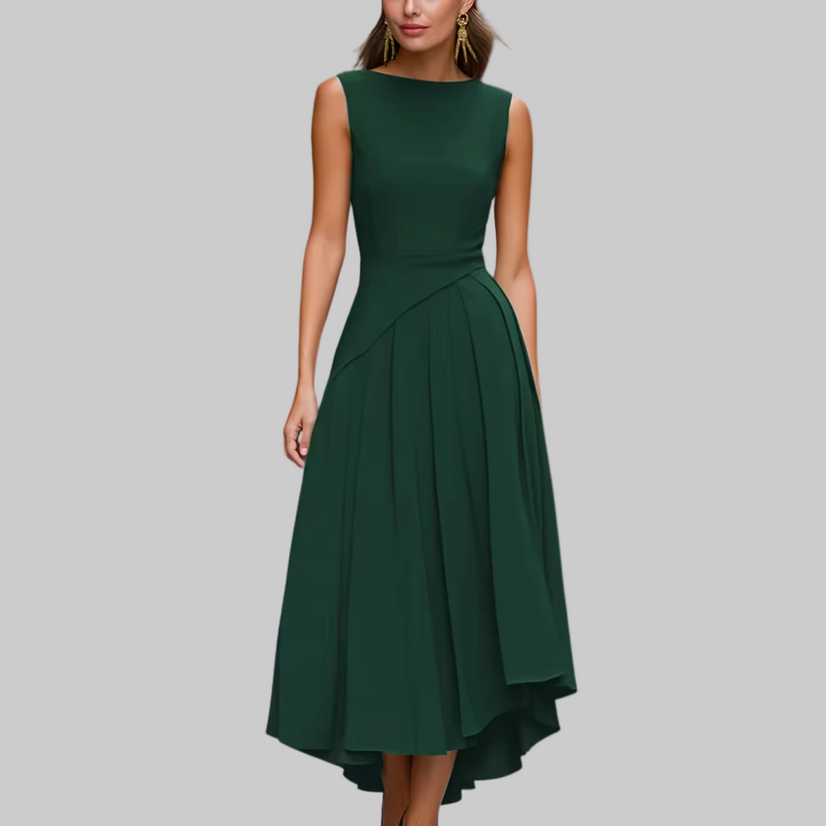 Ärmelloses, asymmetrisches, plissiertes Midi-Kleid
