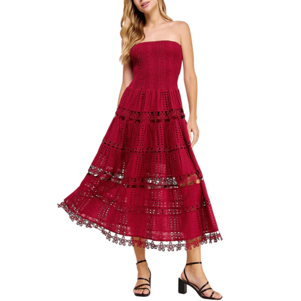 Strapless Midi Dress with Tiered Ruffle Design