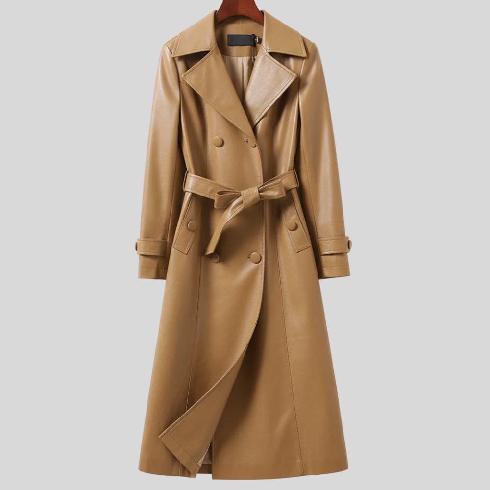 Gabardina de Cuero de Piel de Oveja para Mujer con Cinturón Chaqueta Larga Elegante