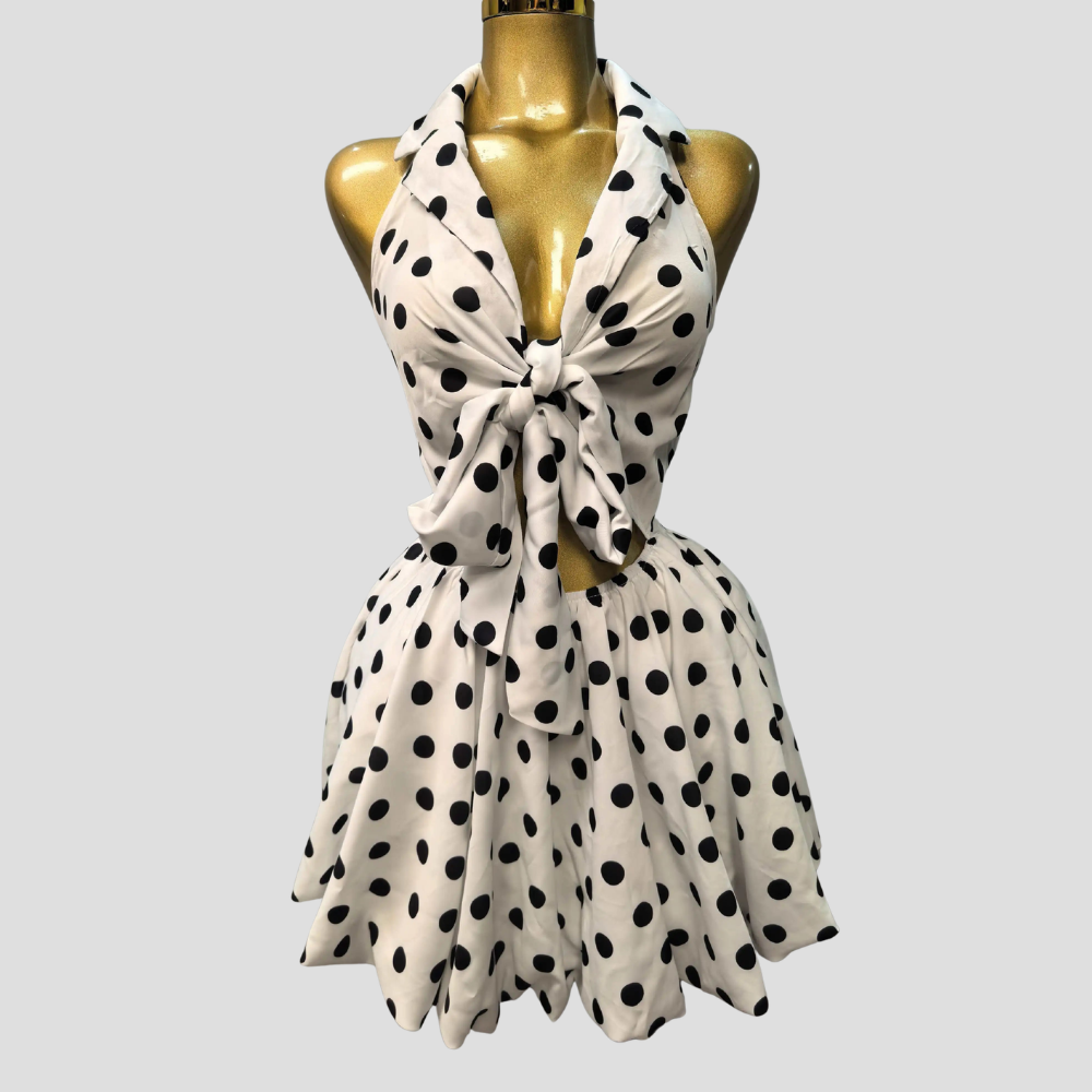Women Polka Dot Halter Mini Dress Tie Front Vintage Party