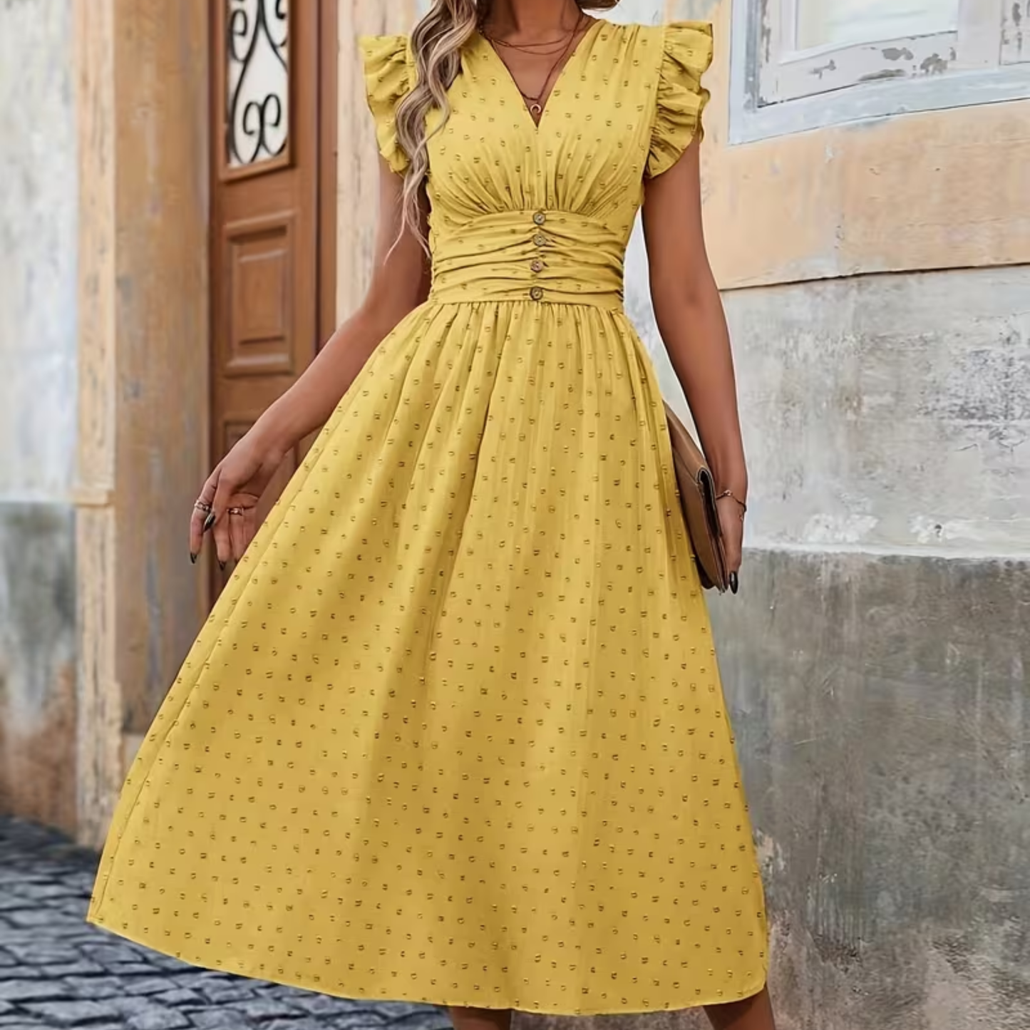 V Neck Ruffle Trim Midi Dress