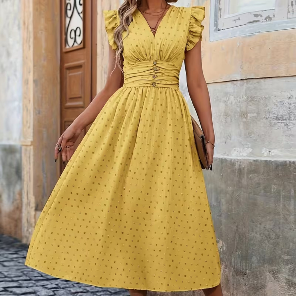 Midi-Kleid mit V-Ausschnitt und Rüschensaum