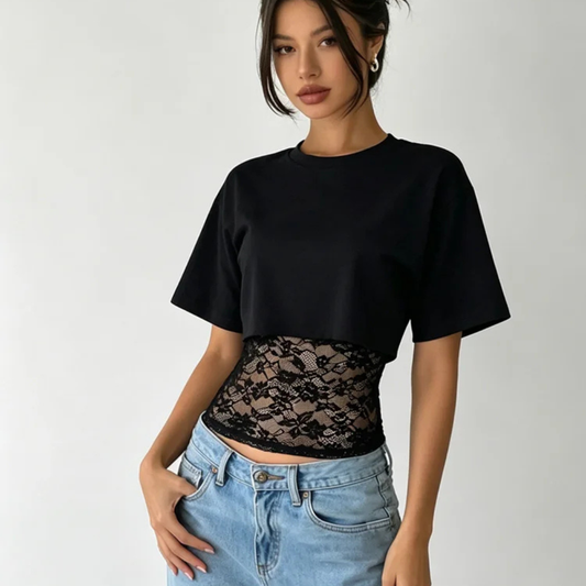 Cropped Lace Panel T Shirt