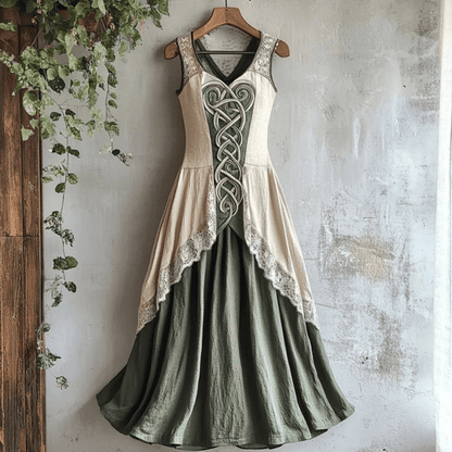 Abito lungo senza maniche in stile medievale vintage con dettagli in pizzo