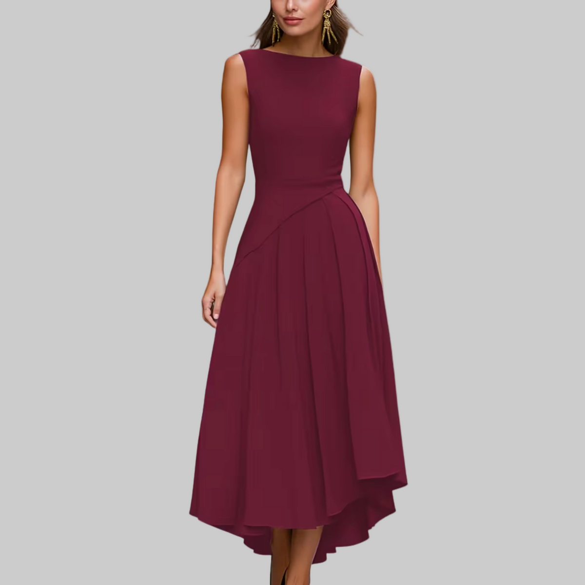 Ärmelloses, asymmetrisches, plissiertes Midi-Kleid
