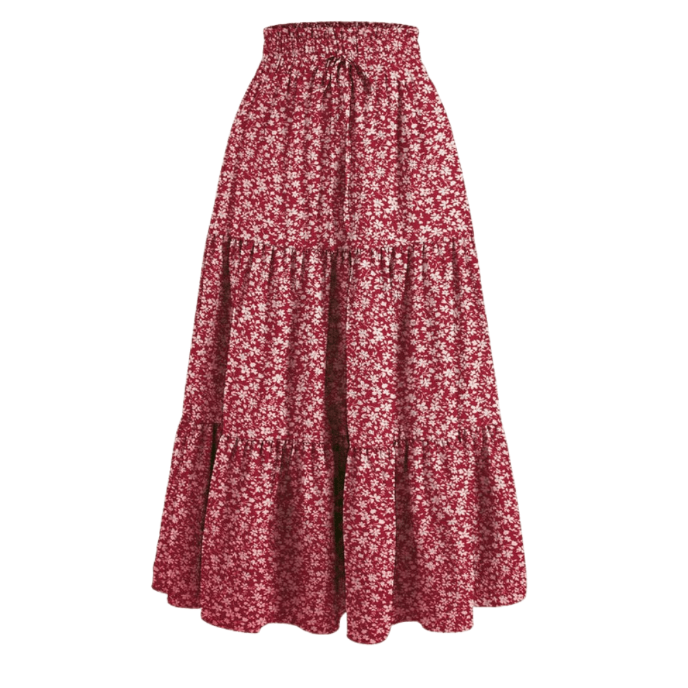 Women Summer Floral A Line Midi Skirt With Elastic Waist