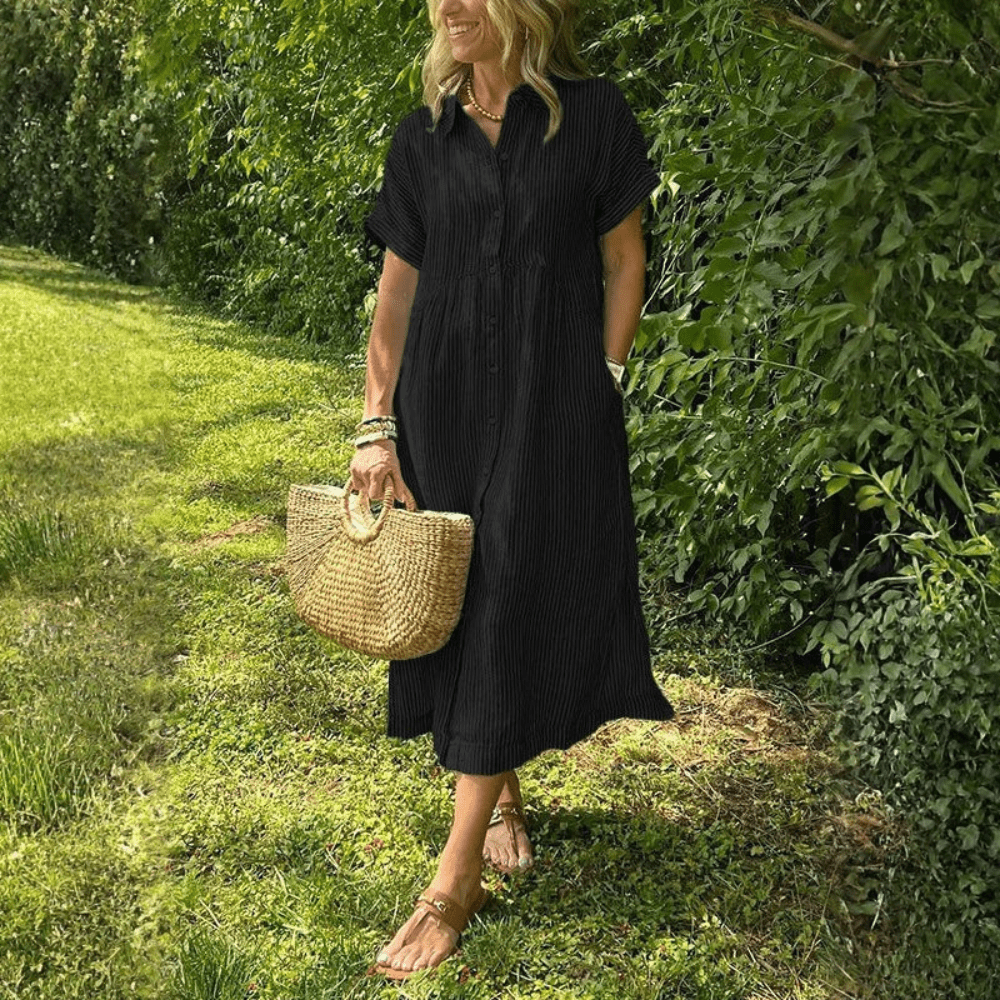 Women Striped Button Front Shirt Midi Dress