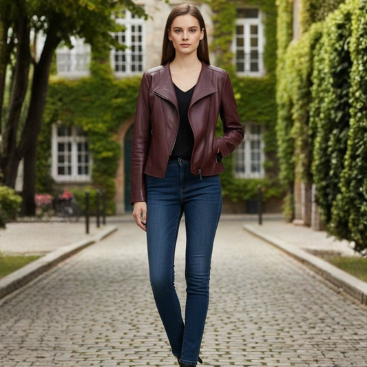 Women Leather Jacket Asymmetrical Zip V Collar Casual Outerwear
