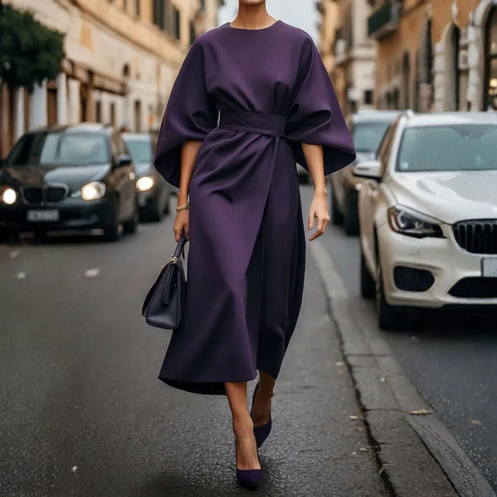 Women Belted Cocktail Dress Lantern Sleeve Elegant Evening Outfit