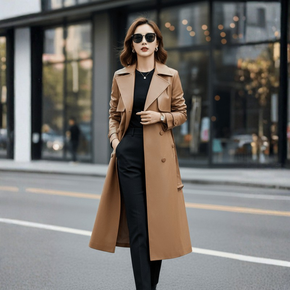 Gabardina de Cuero de Piel de Oveja para Mujer con Cinturón Chaqueta Larga Elegante
