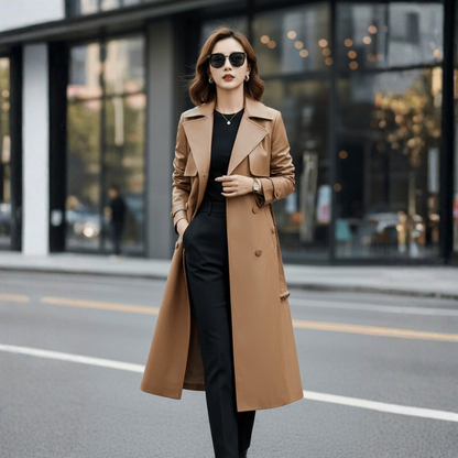 Women Sheepskin Leather Trench Coat Belted Elegant Long Jacket