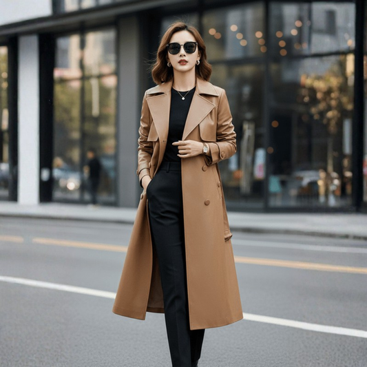 Gabardina de Cuero de Piel de Oveja para Mujer con Cinturón Chaqueta Larga Elegante