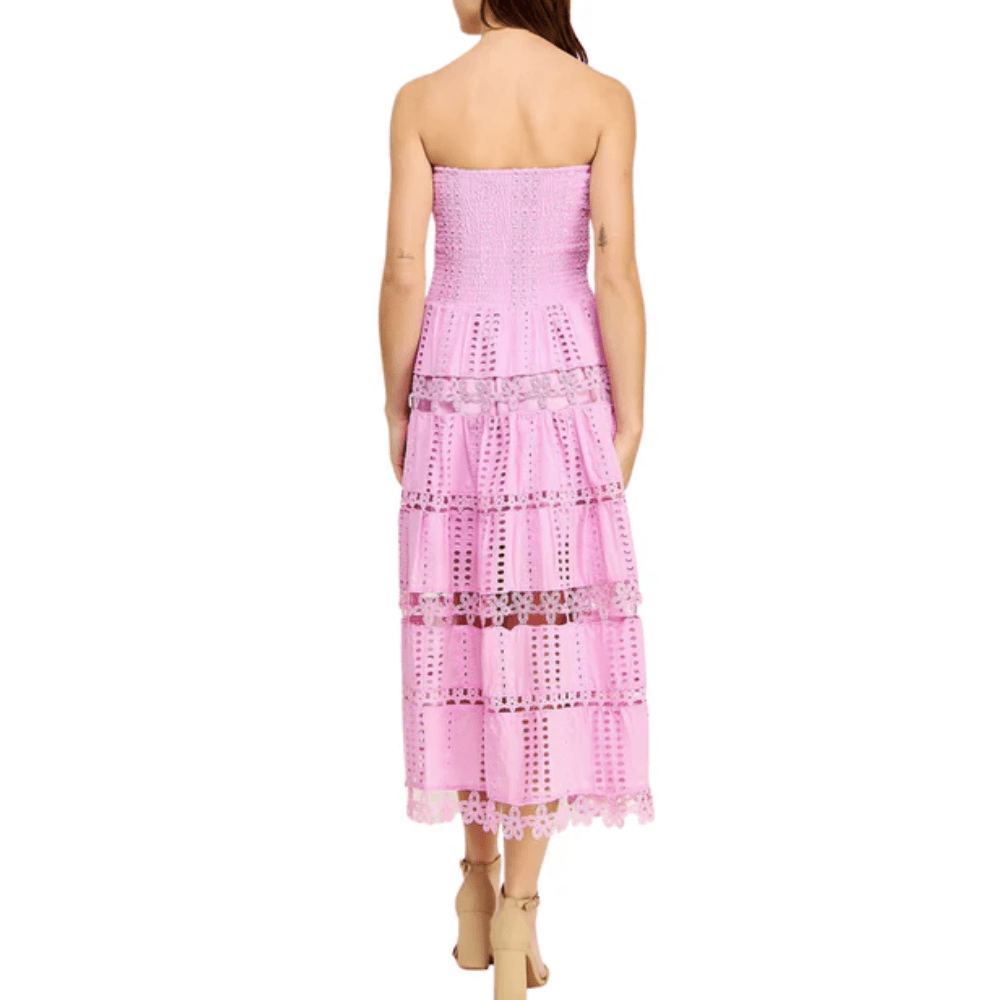 Strapless Midi Dress with Tiered Ruffle Design