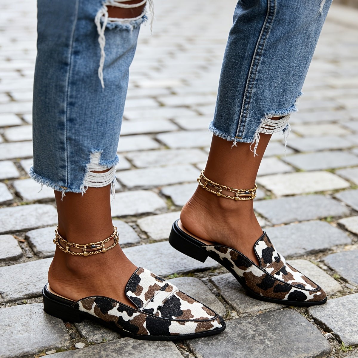 Women's Cow Print Pointed Toe Mule Loafers with Low Block Heel