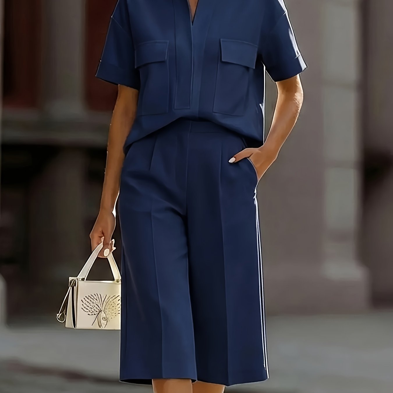 Plus Size Linen V Neck Shorts Set