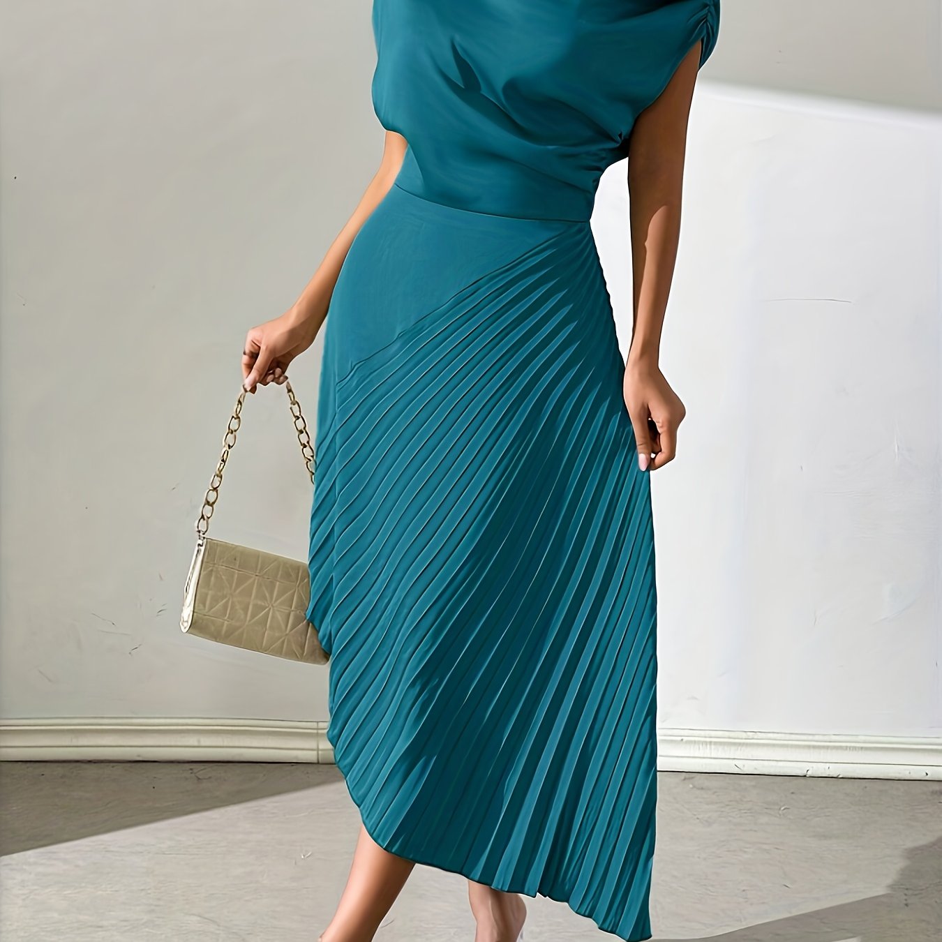 symmetrical Foil Pleated Midi Dress