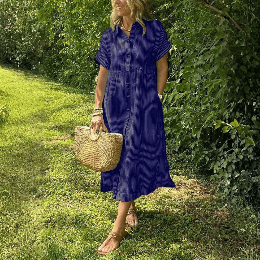 Women Striped Button Front Shirt Midi Dress