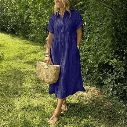 Damen Midi-Kleid mit gestreiftem Hemd und Knopfleiste vorne