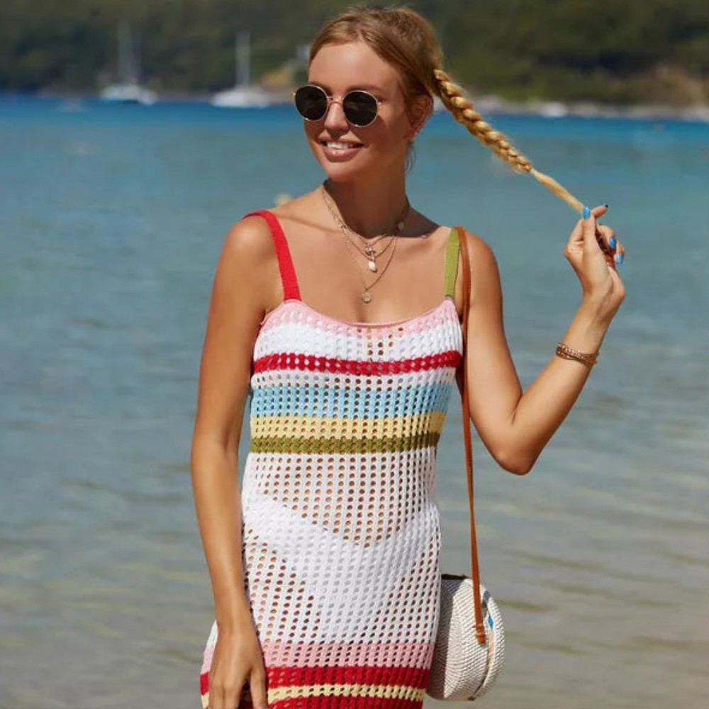 Damen ärmelloses Häkel-Strick Strandkleid Netz Sommerkleid