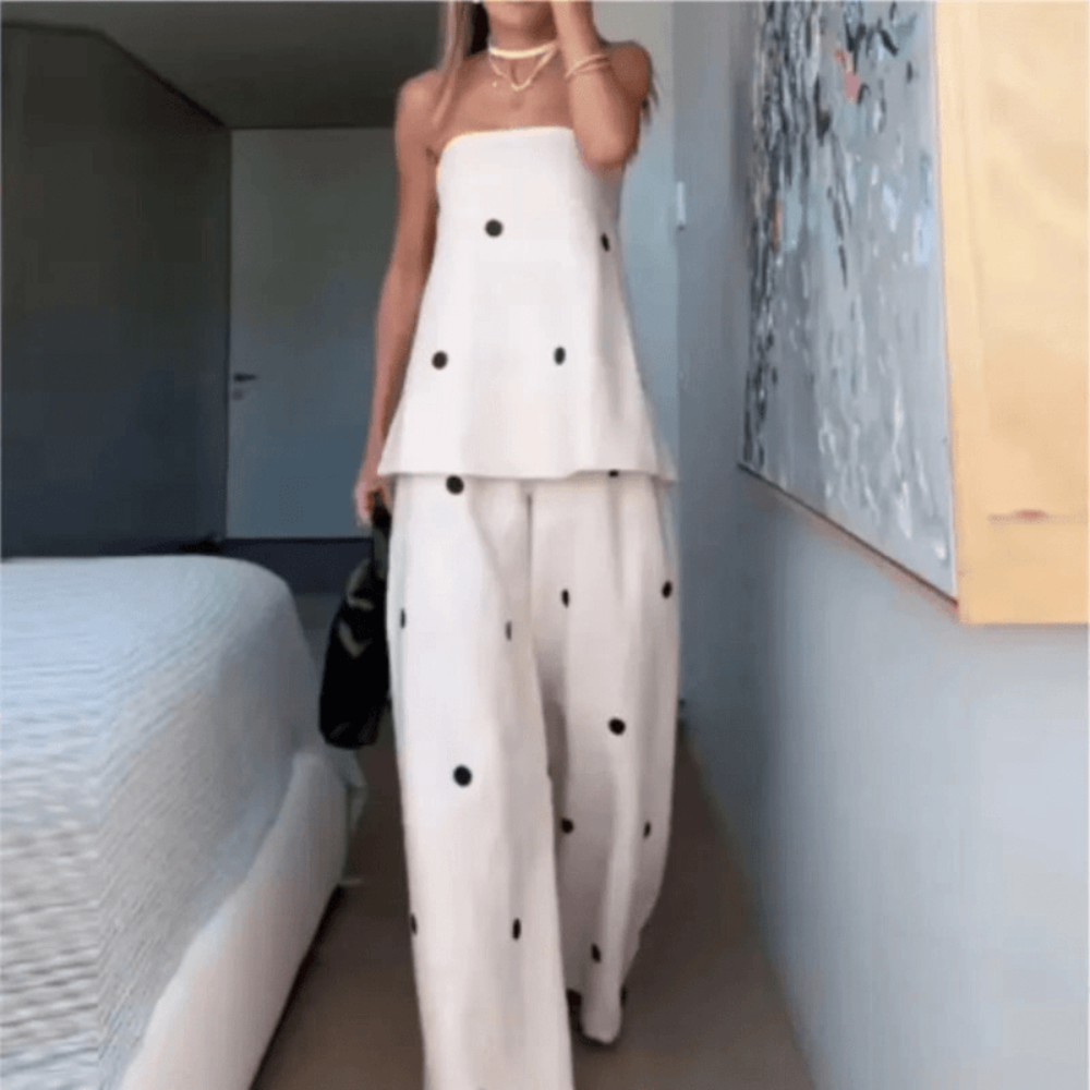Women Polka Dot Backless Top Wide Leg Pants Set