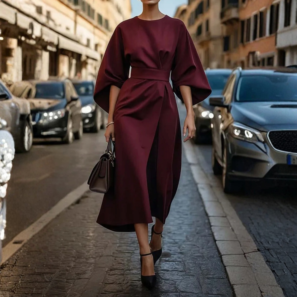 Women Belted Cocktail Dress Lantern Sleeve Elegant Evening Outfit