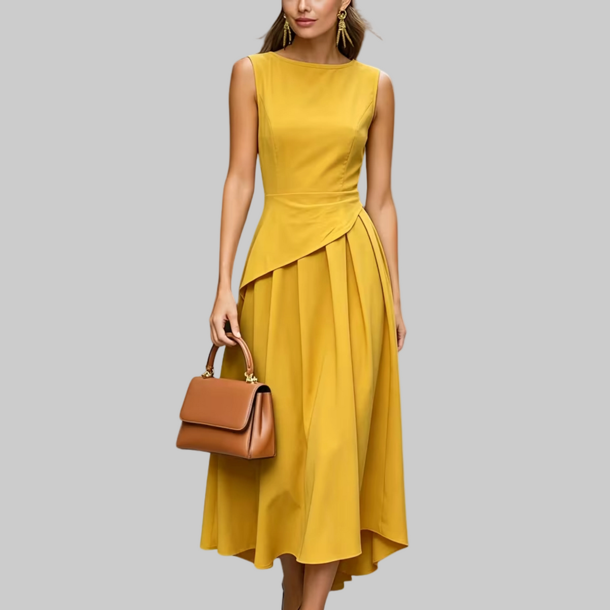 Ärmelloses, asymmetrisches, plissiertes Midi-Kleid