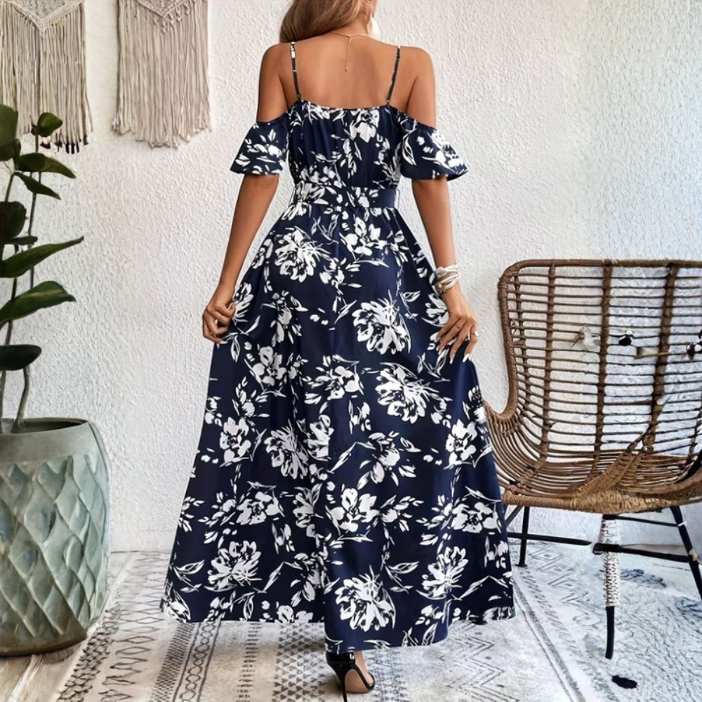 Women Floral A Line Dress Cold Shoulder Spaghetti Strap Summer Outfit