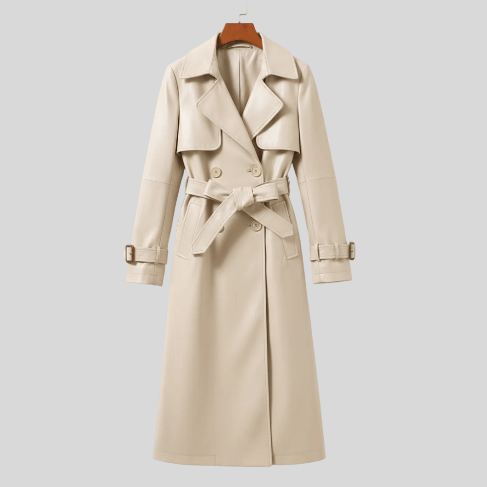 Gabardina de Cuero de Piel de Oveja para Mujer con Cinturón Chaqueta Larga Elegante