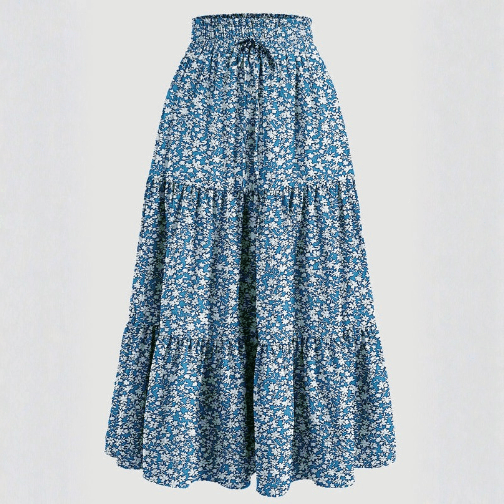 Women Summer Floral A Line Midi Skirt With Elastic Waist