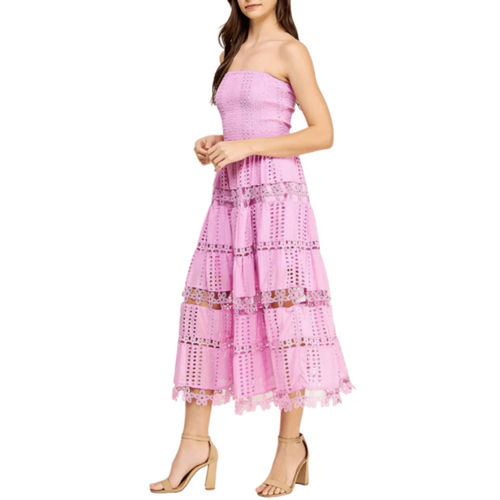 Strapless Midi Dress with Tiered Ruffle Design