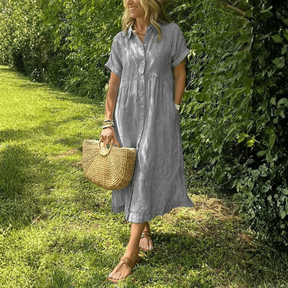 Women Striped Button Front Shirt Midi Dress