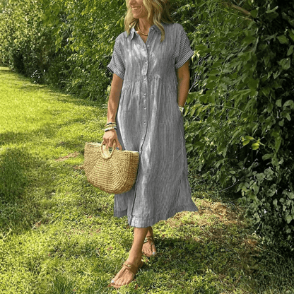 Damen Midi-Kleid mit gestreiftem Hemd und Knopfleiste vorne