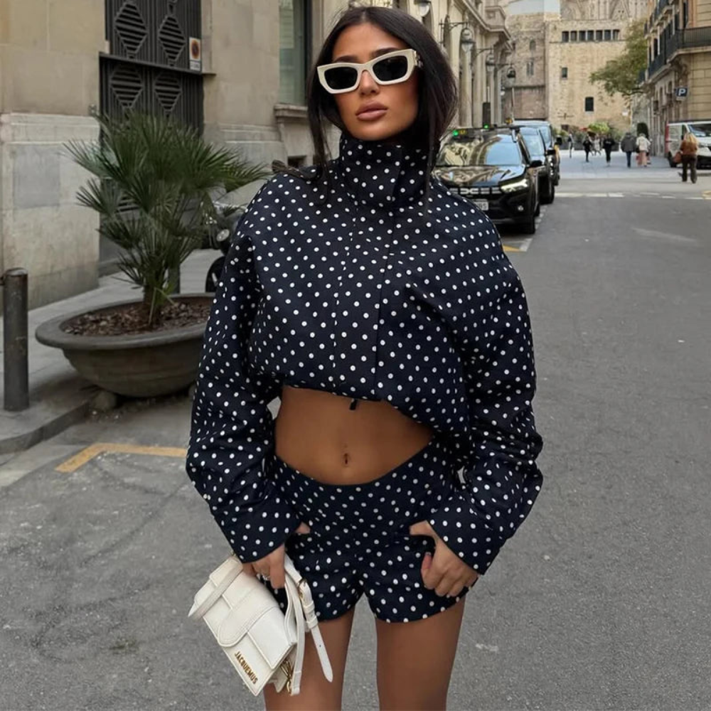 Women Polka Dot Jacket Stand Collar Casual Coat