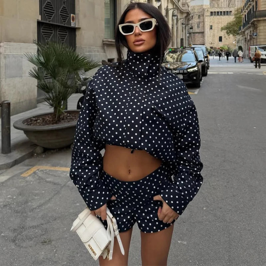 Women Polka Dot Jacket Stand Collar Casual Coat