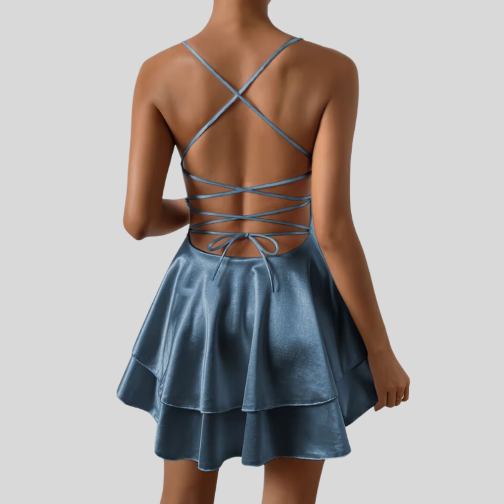 Women Cross V Neck Pleated Dress Open Back Elegant Evening Outfit