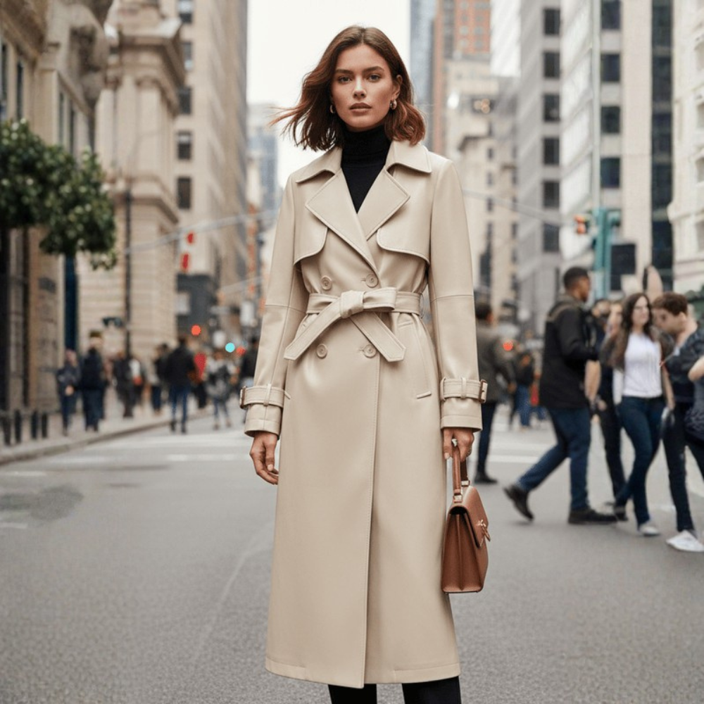 Gabardina de Cuero de Piel de Oveja para Mujer con Cinturón Chaqueta Larga Elegante