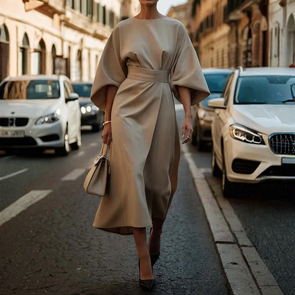 Women Belted Cocktail Dress Lantern Sleeve Elegant Evening Outfit