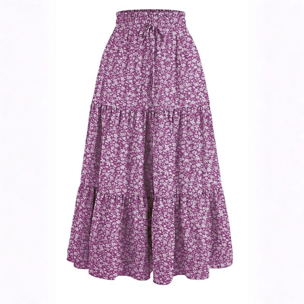 Women Summer Floral A Line Midi Skirt With Elastic Waist