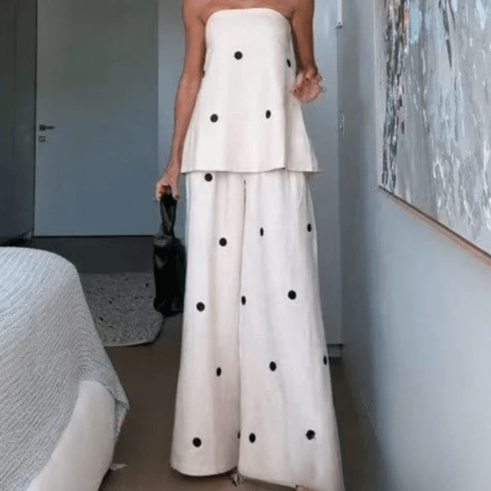 Women Polka Dot Backless Top Wide Leg Pants Set
