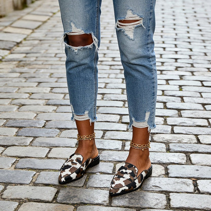 Women Cow Print Faux Fur Pointed Toe Mule Loafers With Low Block Heel