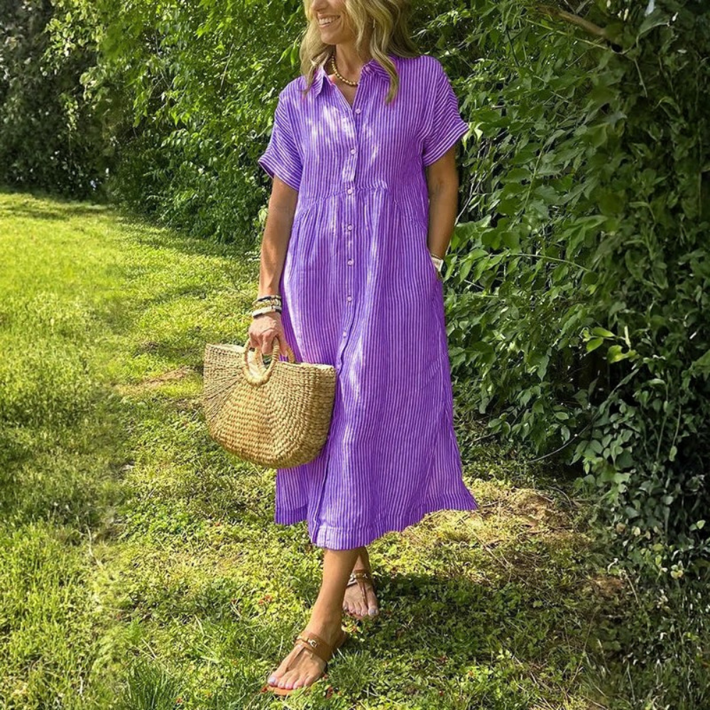 Women Striped Button Front Shirt Midi Dress