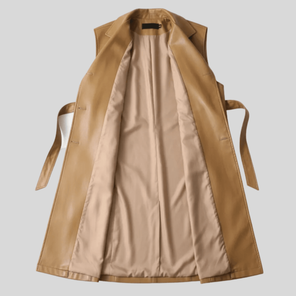 Gabardina de Cuero de Piel de Oveja para Mujer con Cinturón Chaqueta Larga Elegante